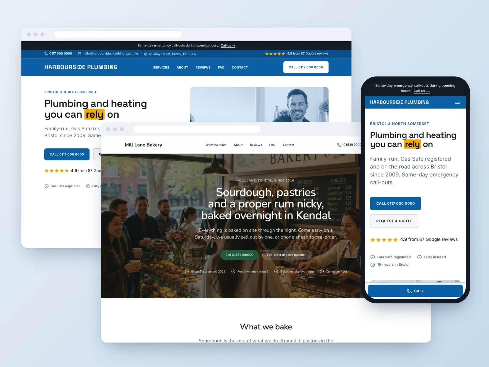 Two of our sample websites, a bakery and a plumber, shown on a laptop screen and a phone